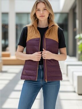 FLYLOW Vest. Maroon Purple and Tan Brown. Sleeveless. Size Women's Medium
